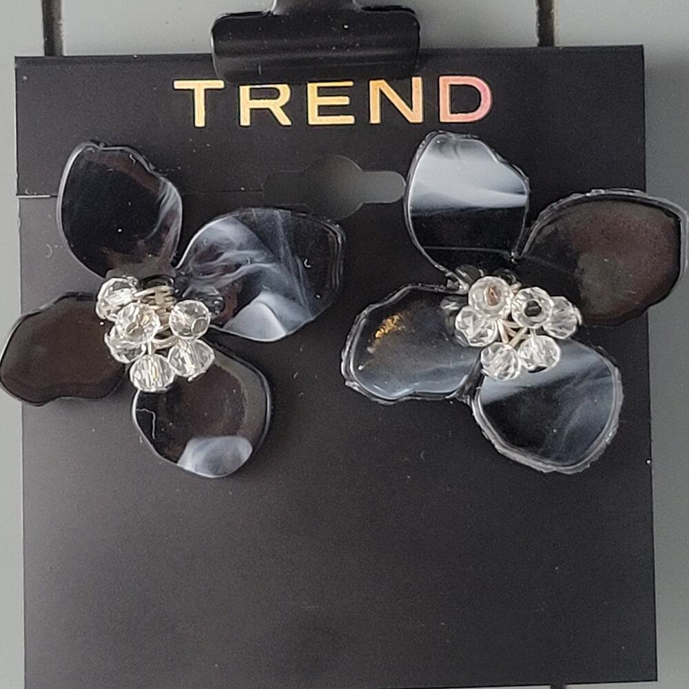 Trend Black Floral Statement Earrings with Clear Crystal Accents New on Card
